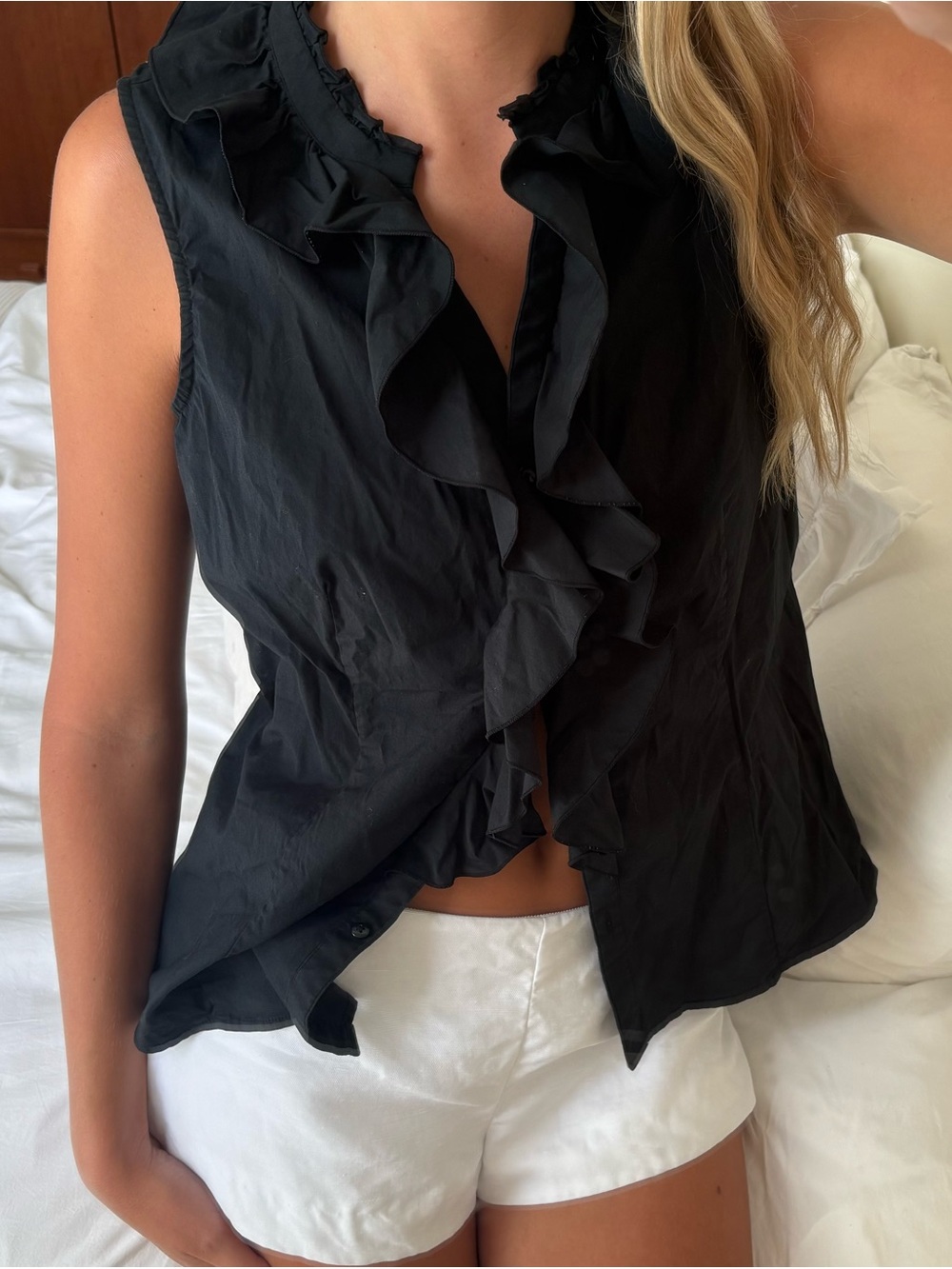 vintage 90's y2k Black Ruffle Sleeveless Blouse - Women Tops